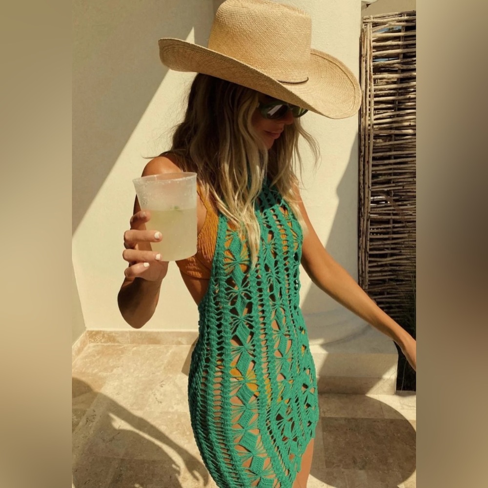 GREEN CROCHET HALTER DRESS - Beach Cover up